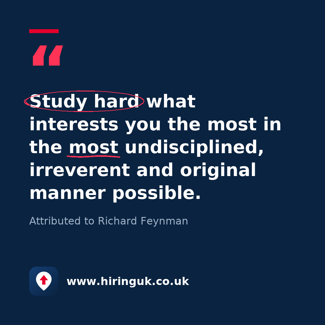 Quote card: Study hard what interests you the most in the most undisciplined, irreverent and original manner possible.