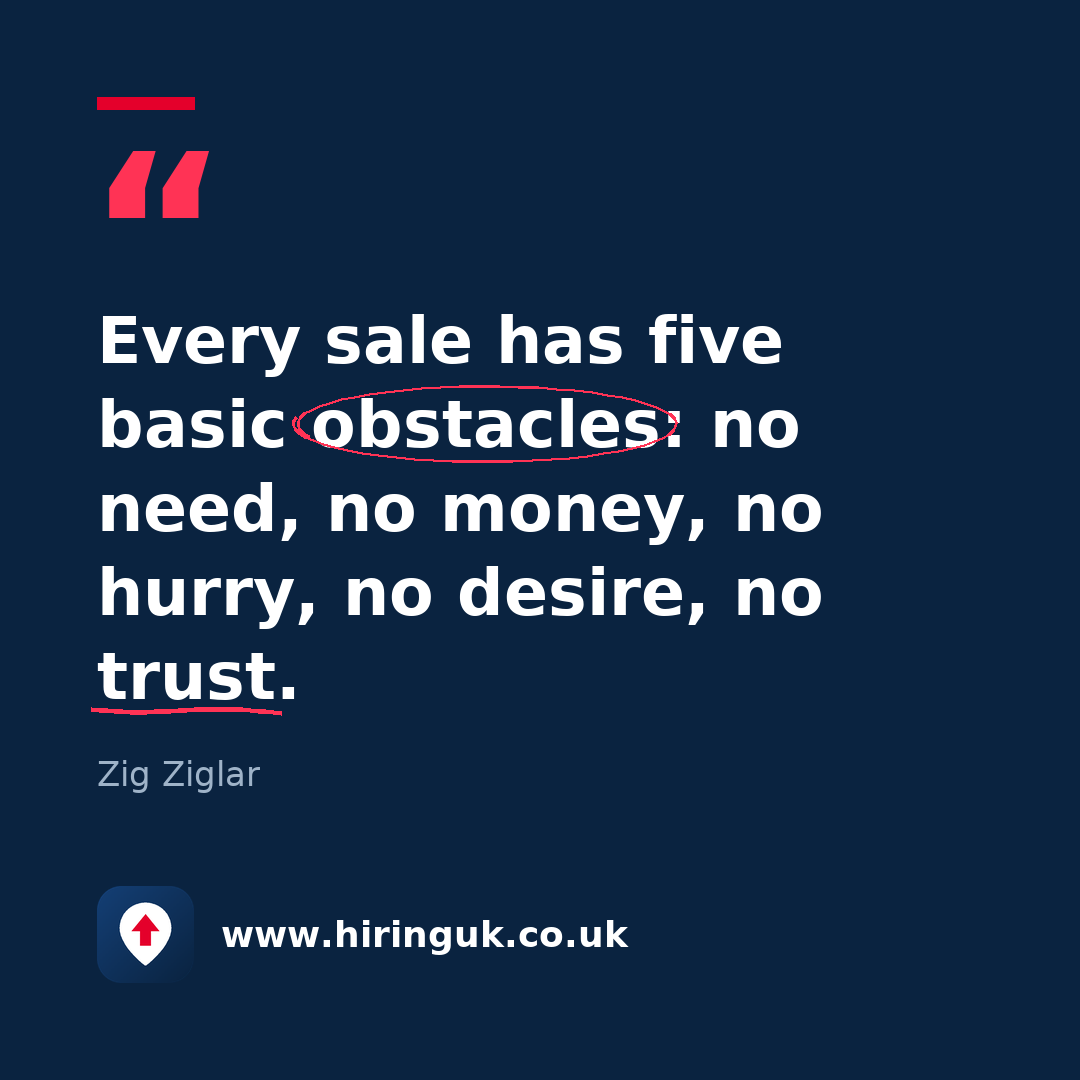 Quote card: Every sale has five basic obstacles: no need, no money, no hurry, no desire, no trust.