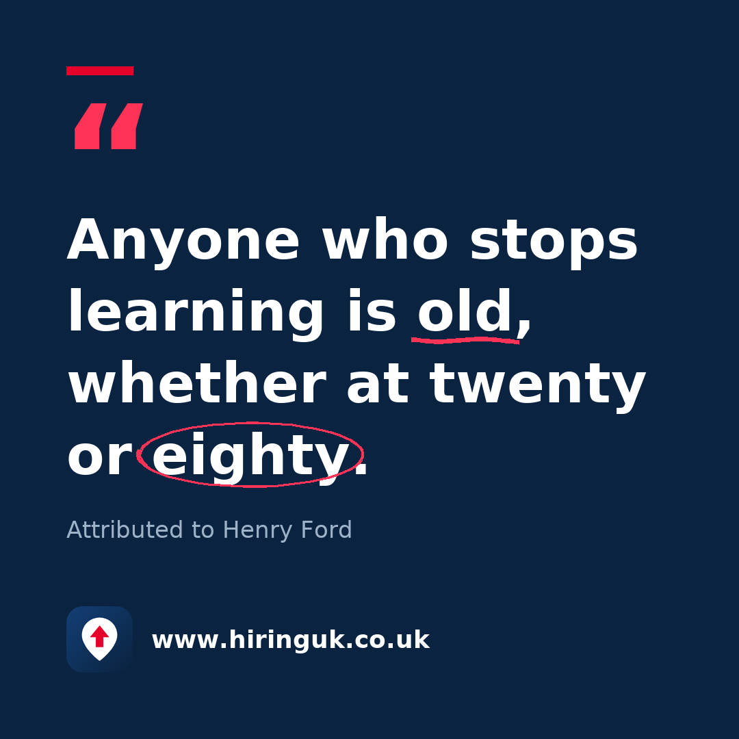 Quote card: Anyone who stops learning is old, whether at twenty or eighty.