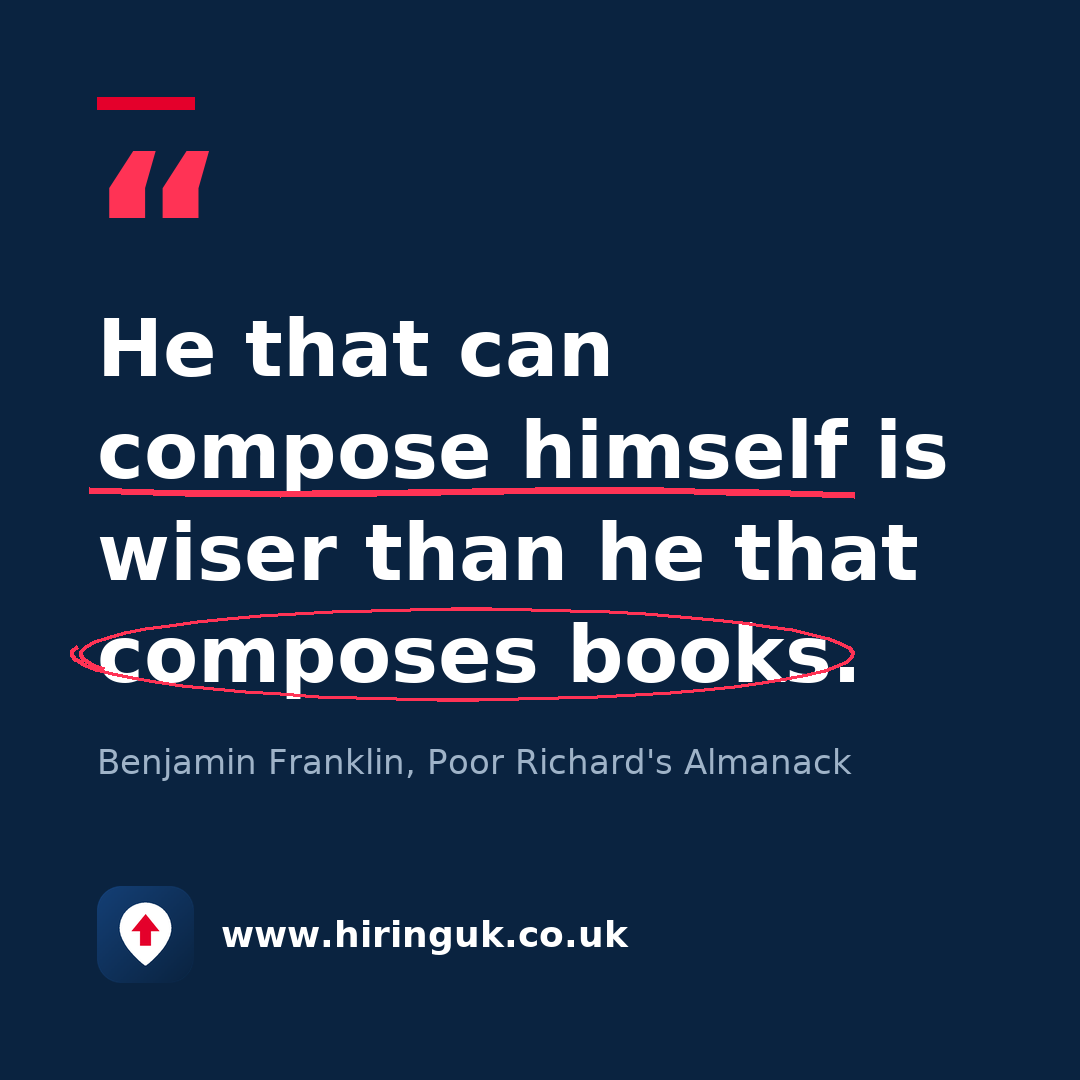 Quote card: He that can compose himself is wiser than he that composes books.