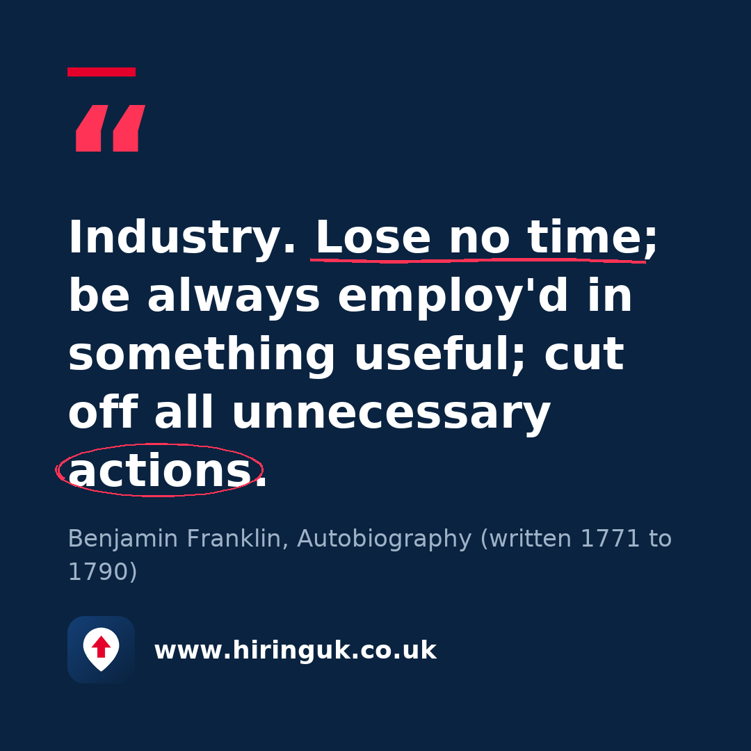 Quote card: Industry. Lose no time; be always employ'd in something useful; cut off all unnecessary actions.