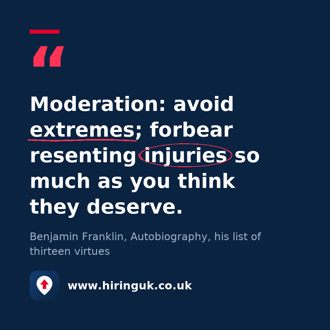 Quote card: Moderation: avoid extremes; forbear resenting injuries so much as you think they deserve.
