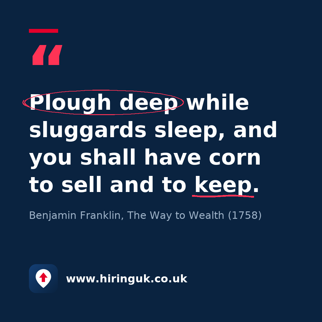 Quote card: Plough deep while sluggards sleep, and you shall have corn to sell and to keep.