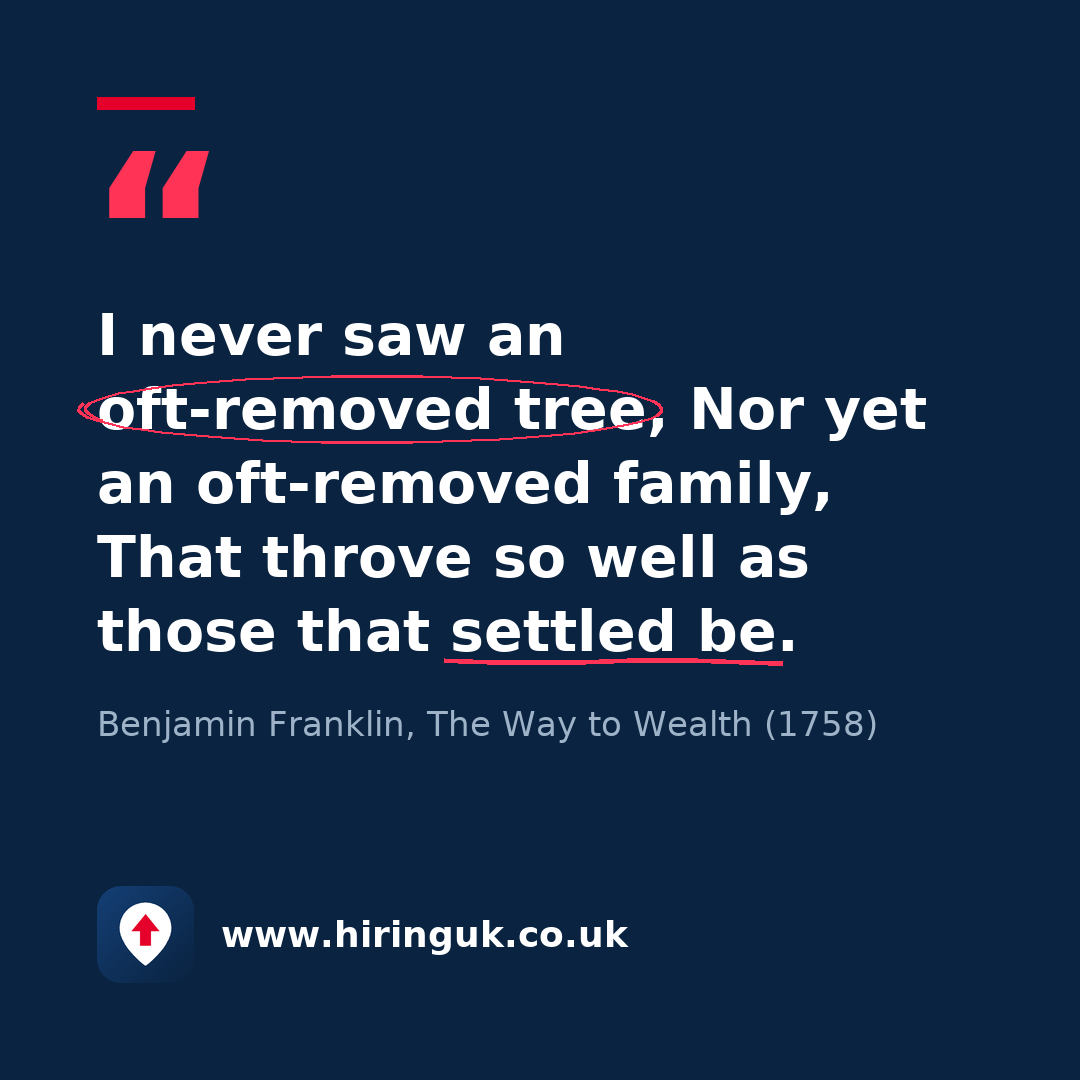 Quote card: I never saw an oft-removed tree, Nor yet an oft-removed family, That throve so well as those that settled be.