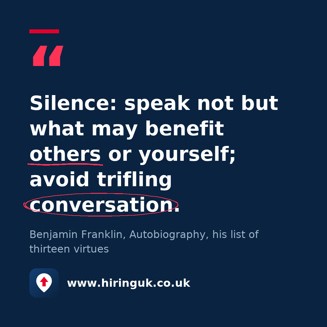 Quote card: Silence: speak not but what may benefit others or yourself; avoid trifling conversation.