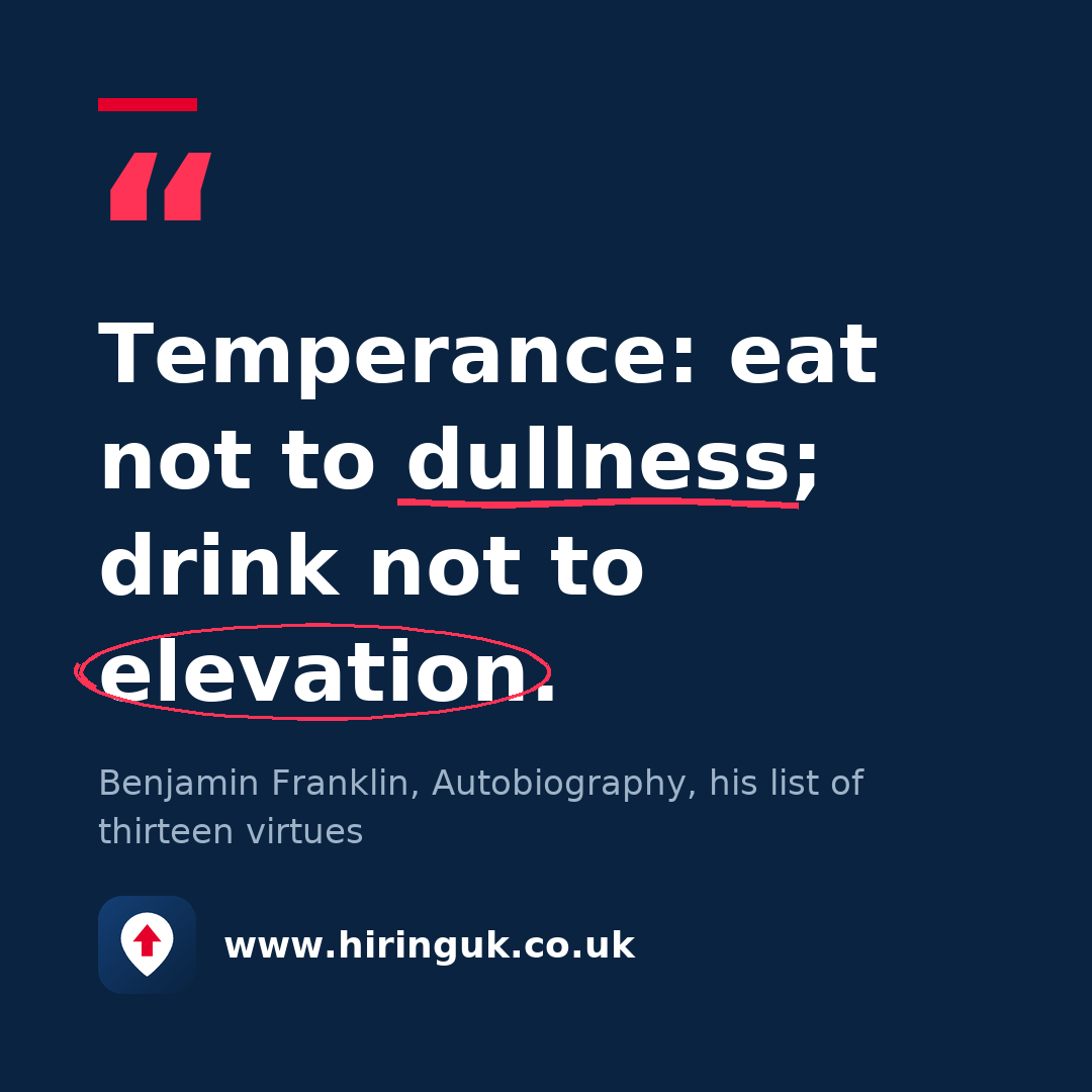 Quote card: Temperance: eat not to dullness; drink not to elevation.