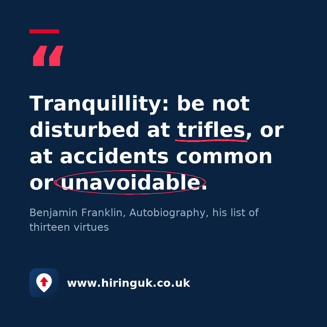 Quote card: Tranquillity: be not disturbed at trifles, or at accidents common or unavoidable.