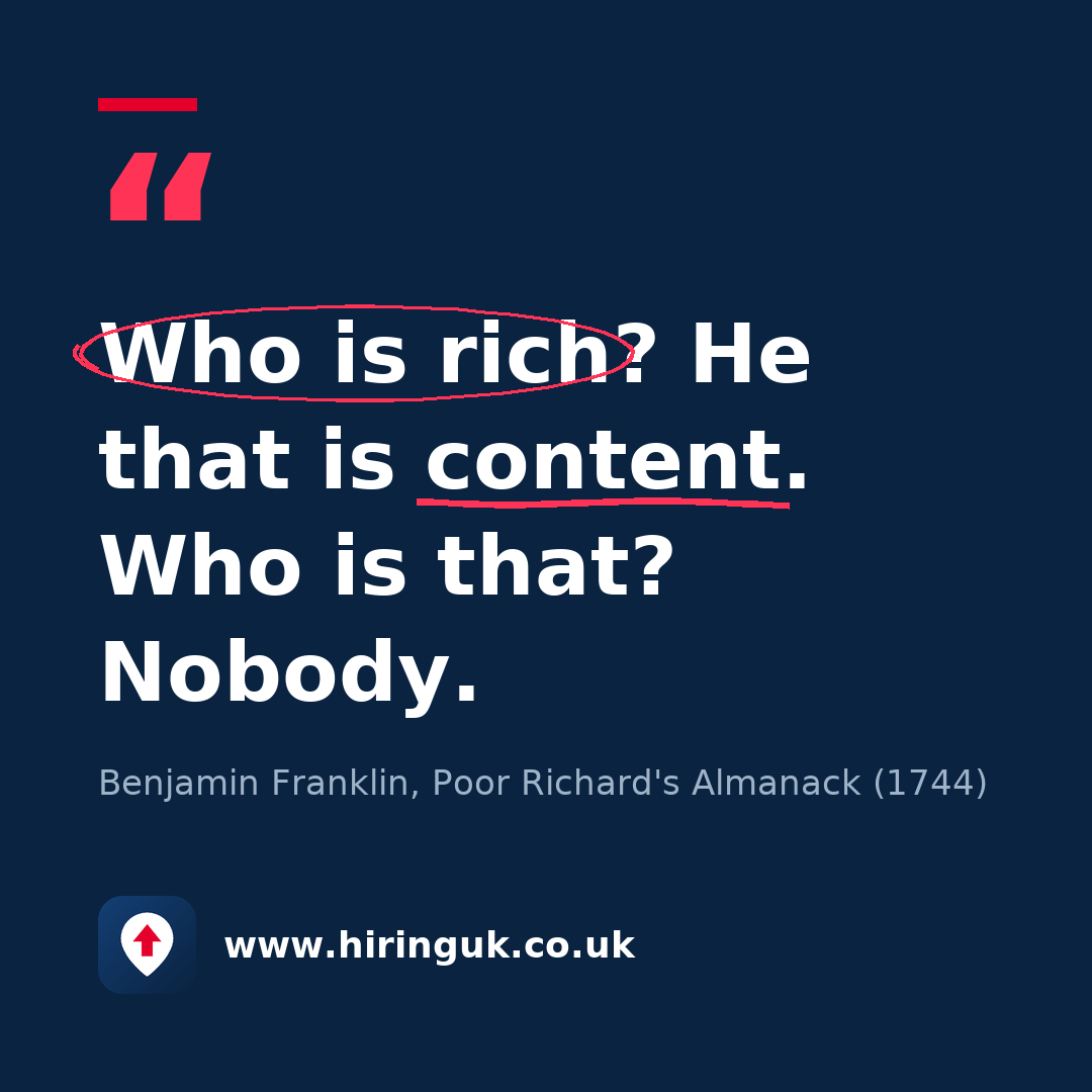 Quote card: Who is rich? He that is content. Who is that? Nobody.
