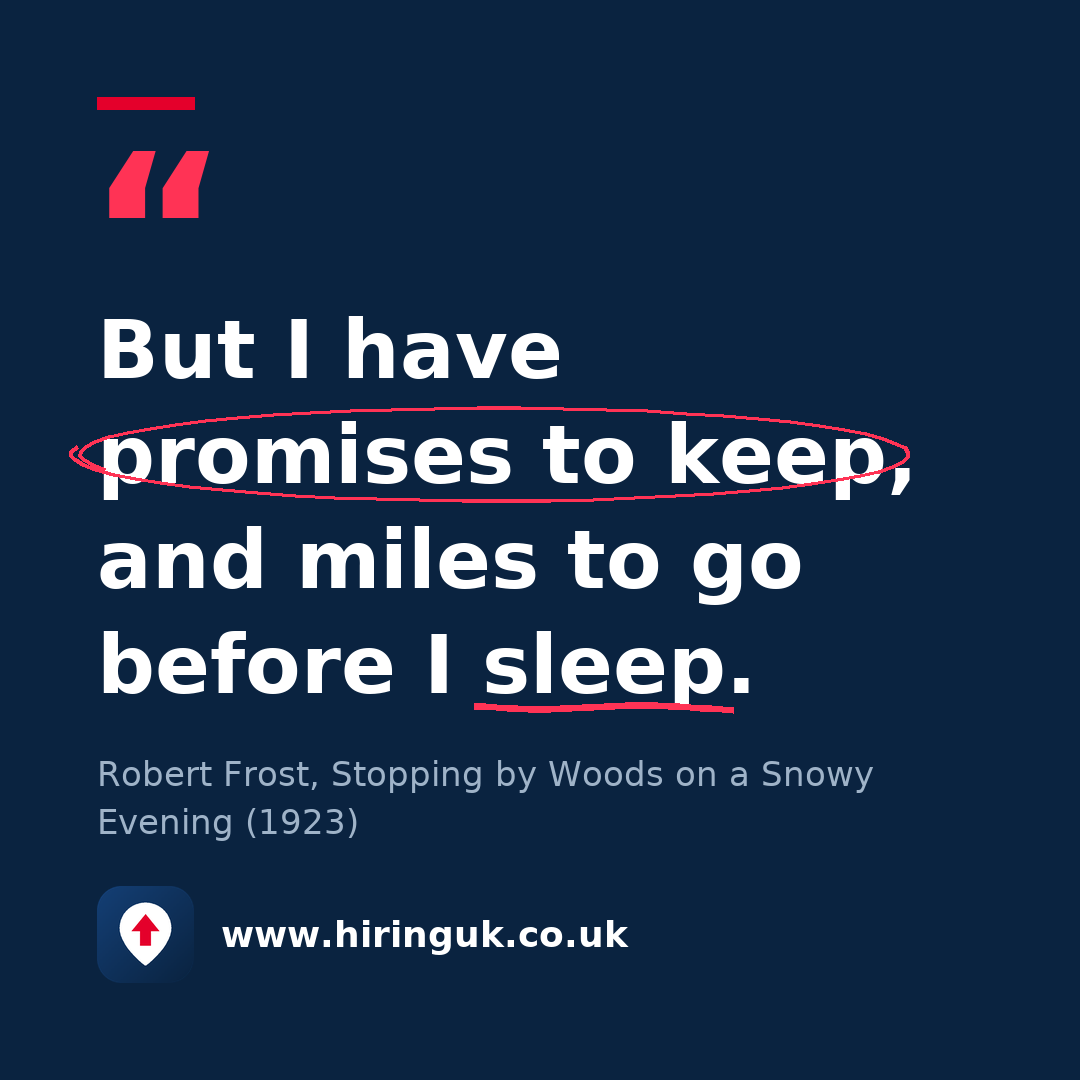 Quote card: But I have promises to keep, and miles to go before I sleep.