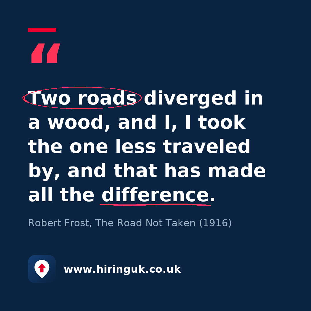 Quote card: Two roads diverged in a wood, and I, I took the one less traveled by, and that has made all the difference.