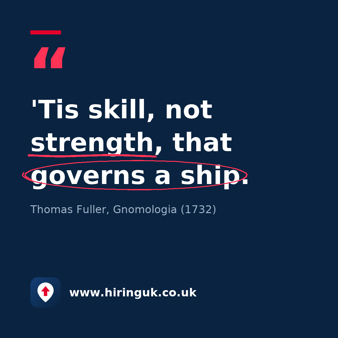 Quote card: 'Tis skill, not strength, that governs a ship.