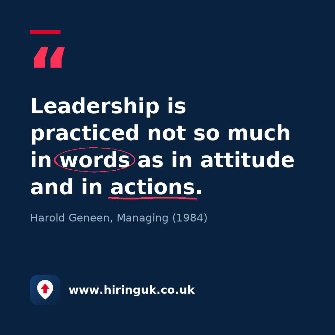Quote card: Leadership is practiced not so much in words as in attitude and in actions.