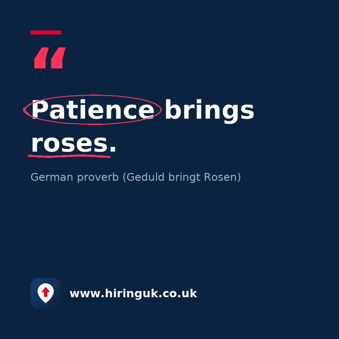 Quote card: Patience brings roses.