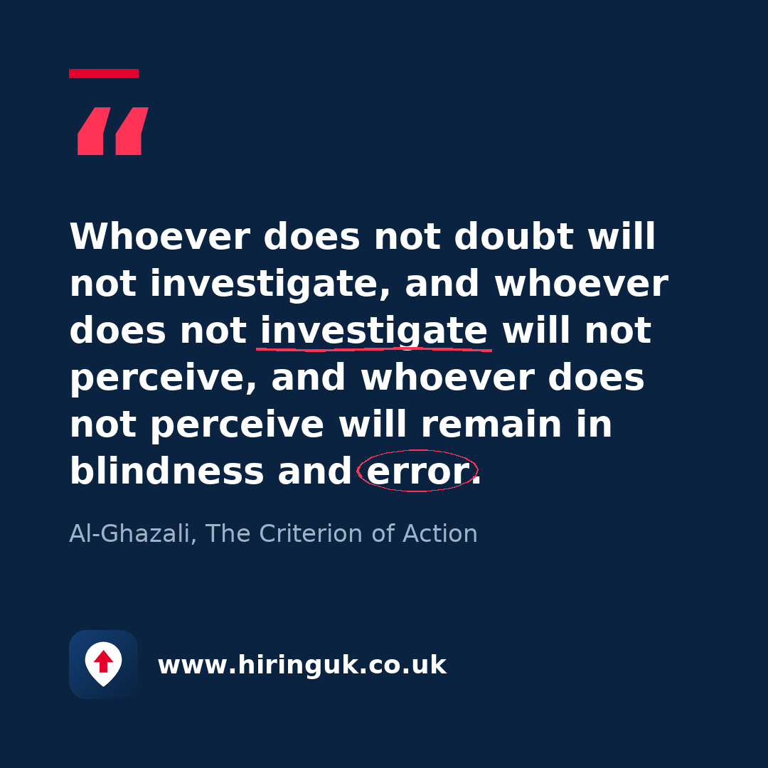 Quote card: Whoever does not doubt will not investigate, and whoever does not investigate will not perceive, and whoever does not perceive will remain in blindness and error.