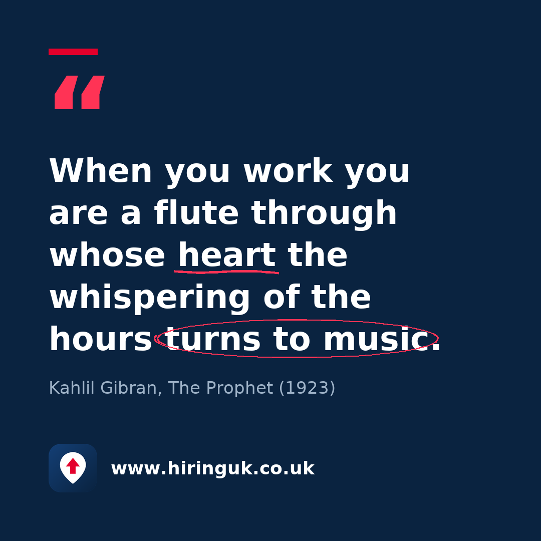 Quote card: When you work you are a flute through whose heart the whispering of the hours turns to music.