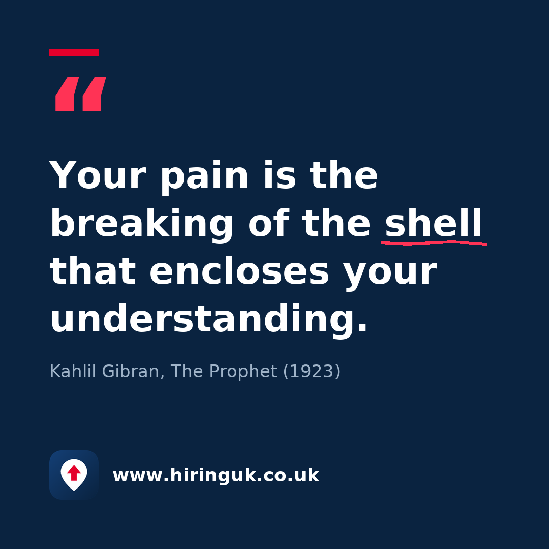 Quote card: Your pain is the breaking of the shell that encloses your understanding.
