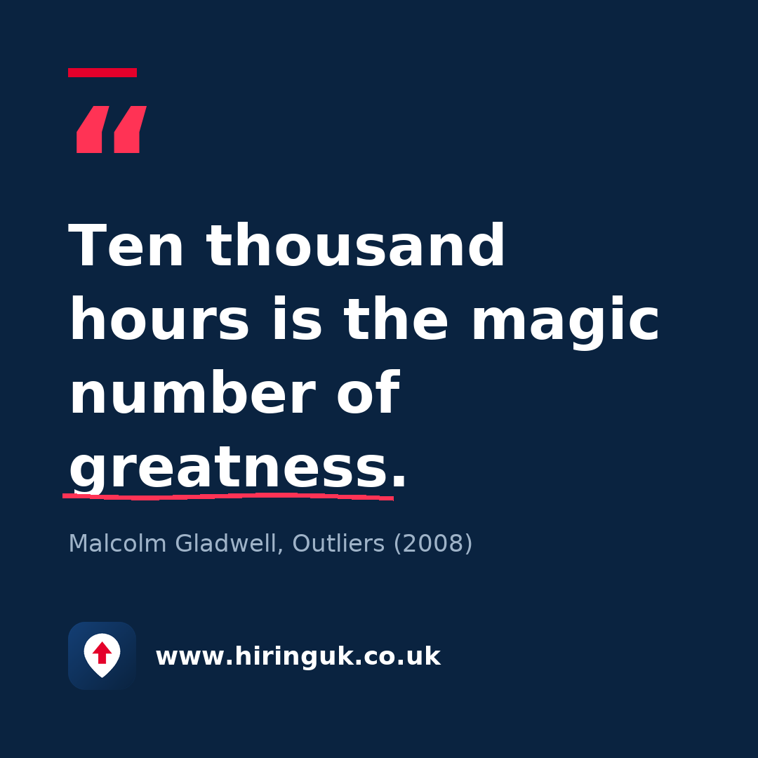 Quote card: Ten thousand hours is the magic number of greatness.