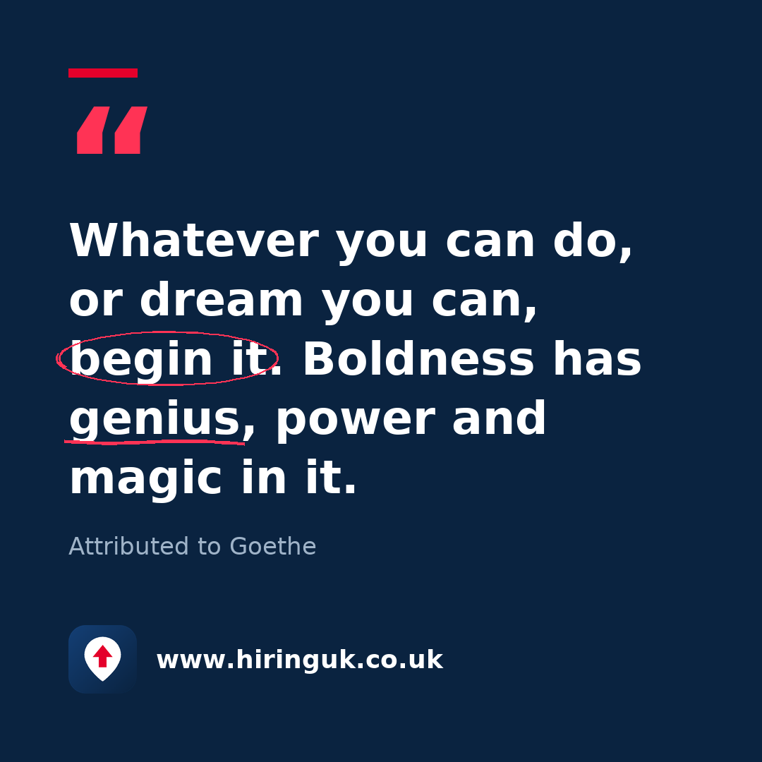 Quote card: Whatever you can do, or dream you can, begin it. Boldness has genius, power and magic in it.