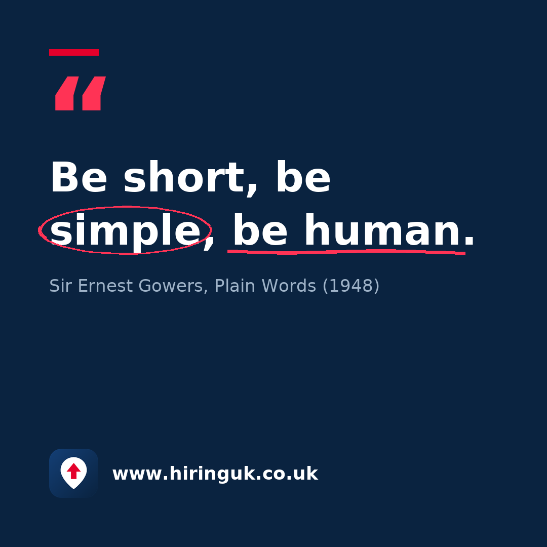 Quote card: Be short, be simple, be human.