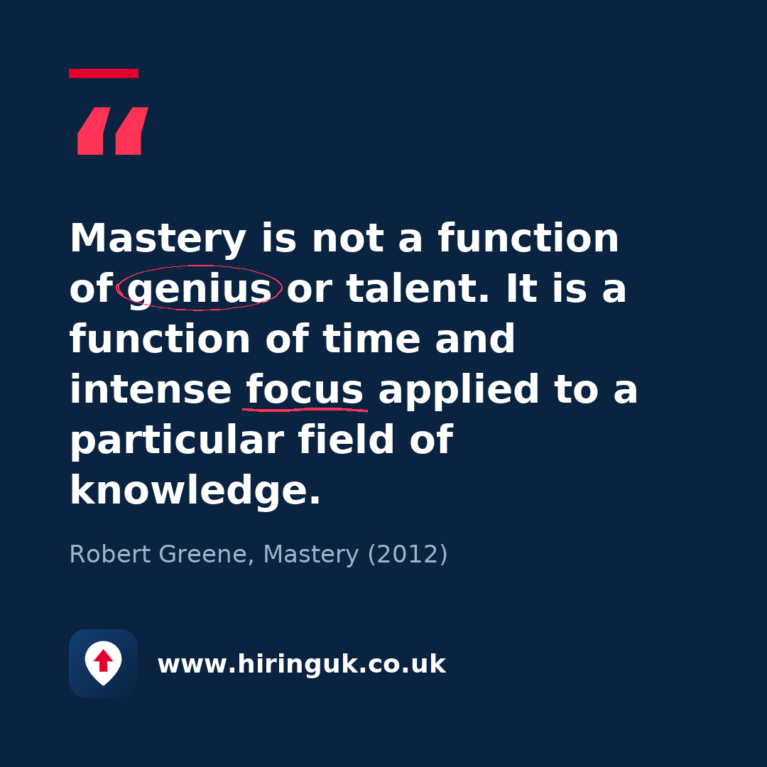 Quote card: Mastery is not a function of genius or talent. It is a function of time and intense focus applied to a particular field of knowledge.