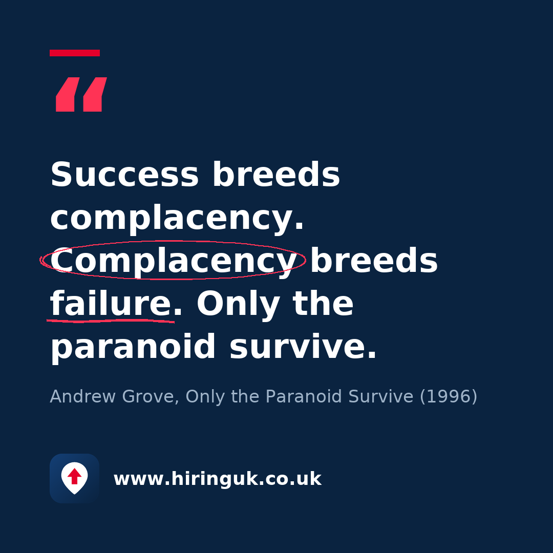 Quote card: Success breeds complacency. Complacency breeds failure. Only the paranoid survive.