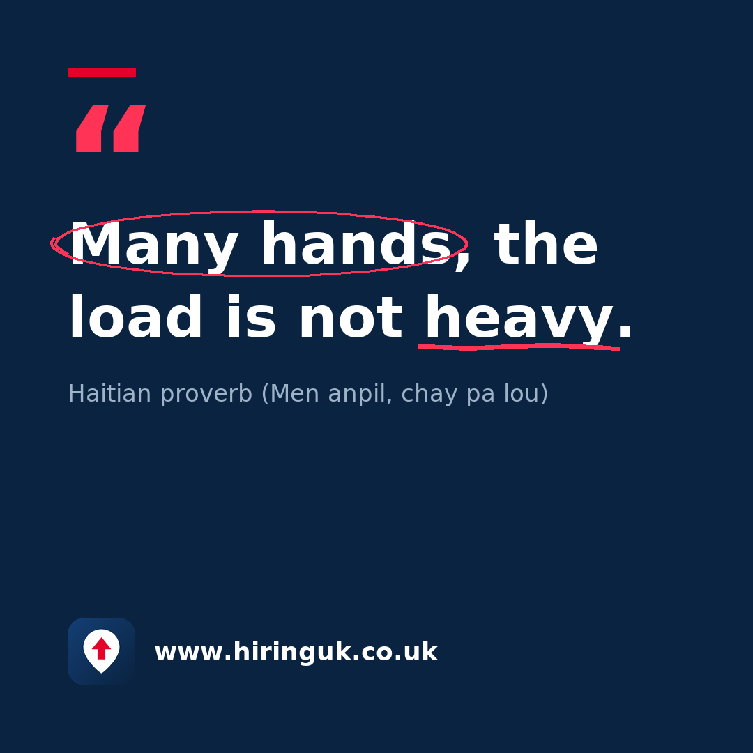 Quote card: Many hands, the load is not heavy.