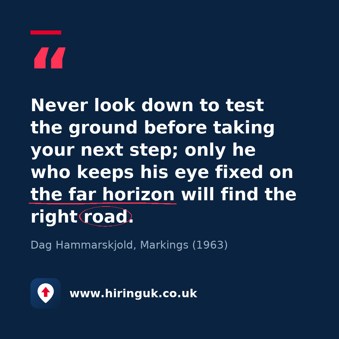 Quote card: Never look down to test the ground before taking your next step; only he who keeps his eye fixed on the far horizon will find the right road.