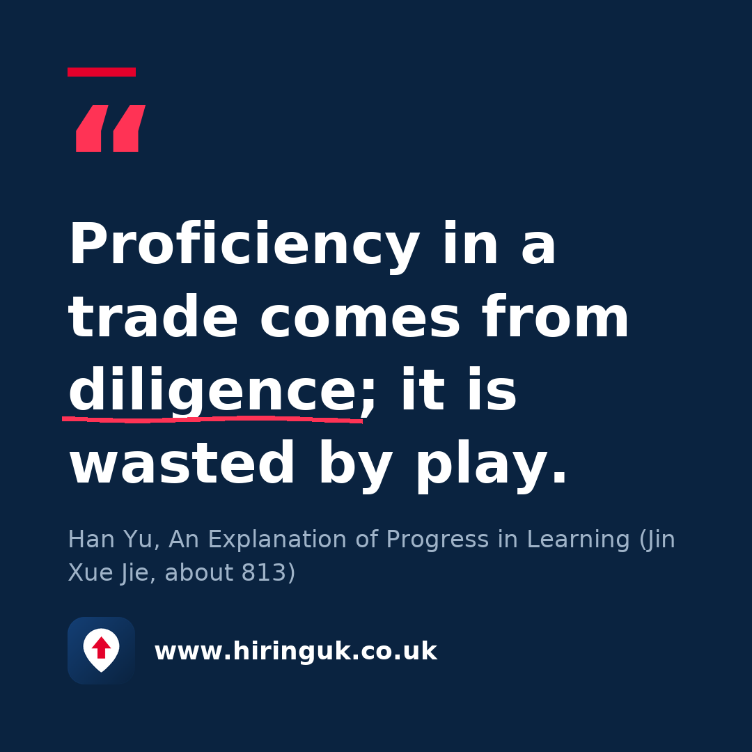 Quote card: Proficiency in a trade comes from diligence; it is wasted by play.