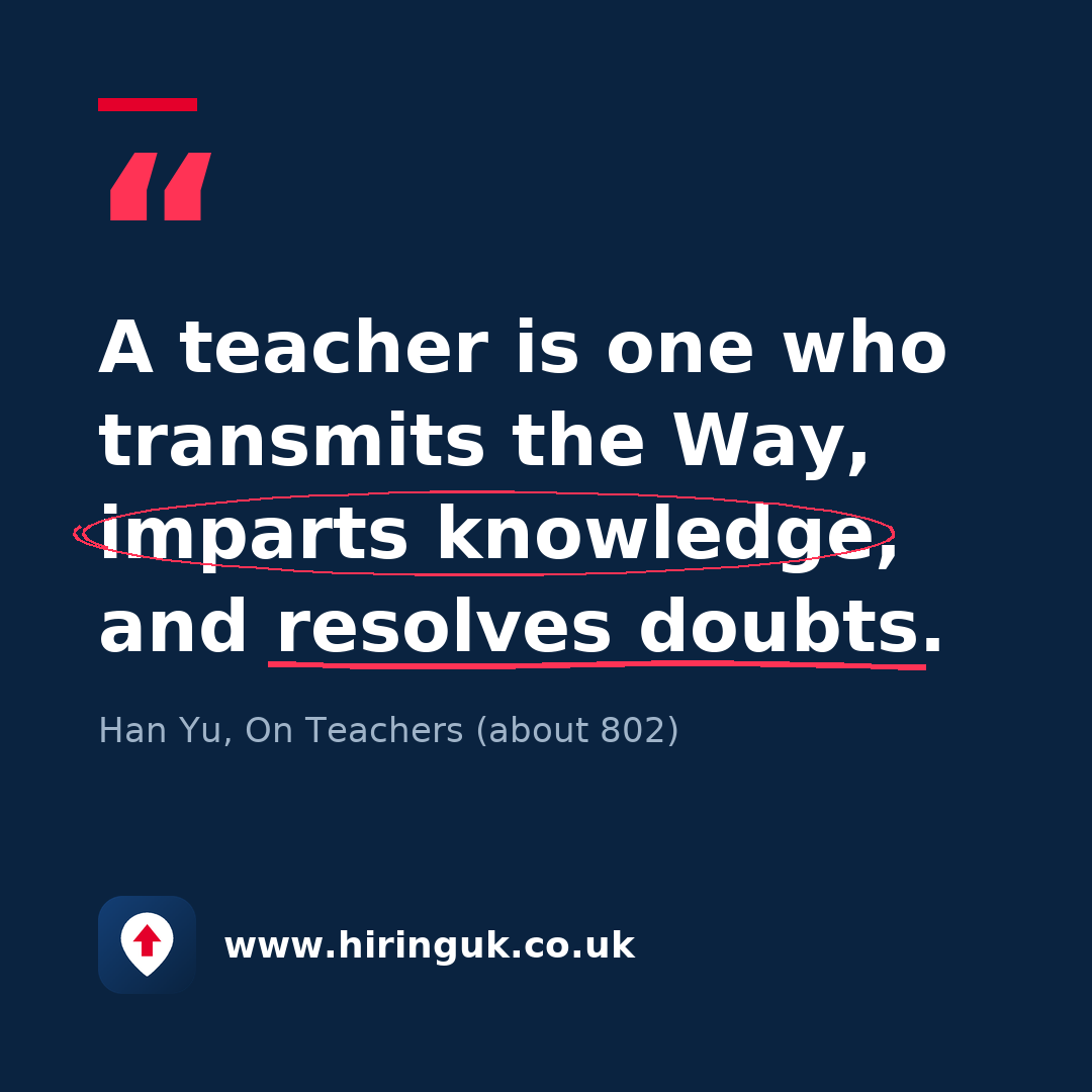 Quote card: A teacher is one who transmits the Way, imparts knowledge, and resolves doubts.
