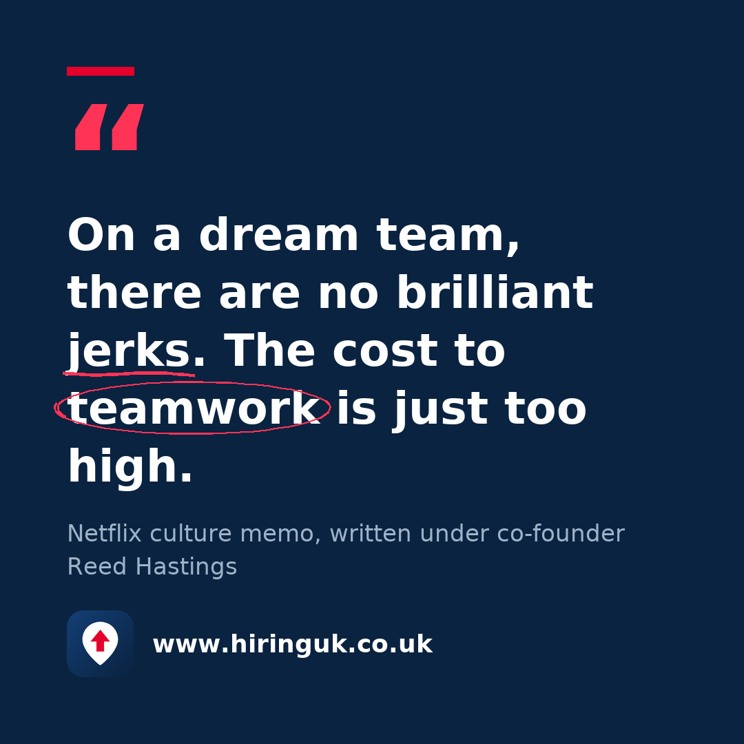 Quote card: On a dream team, there are no brilliant jerks. The cost to teamwork is just too high.