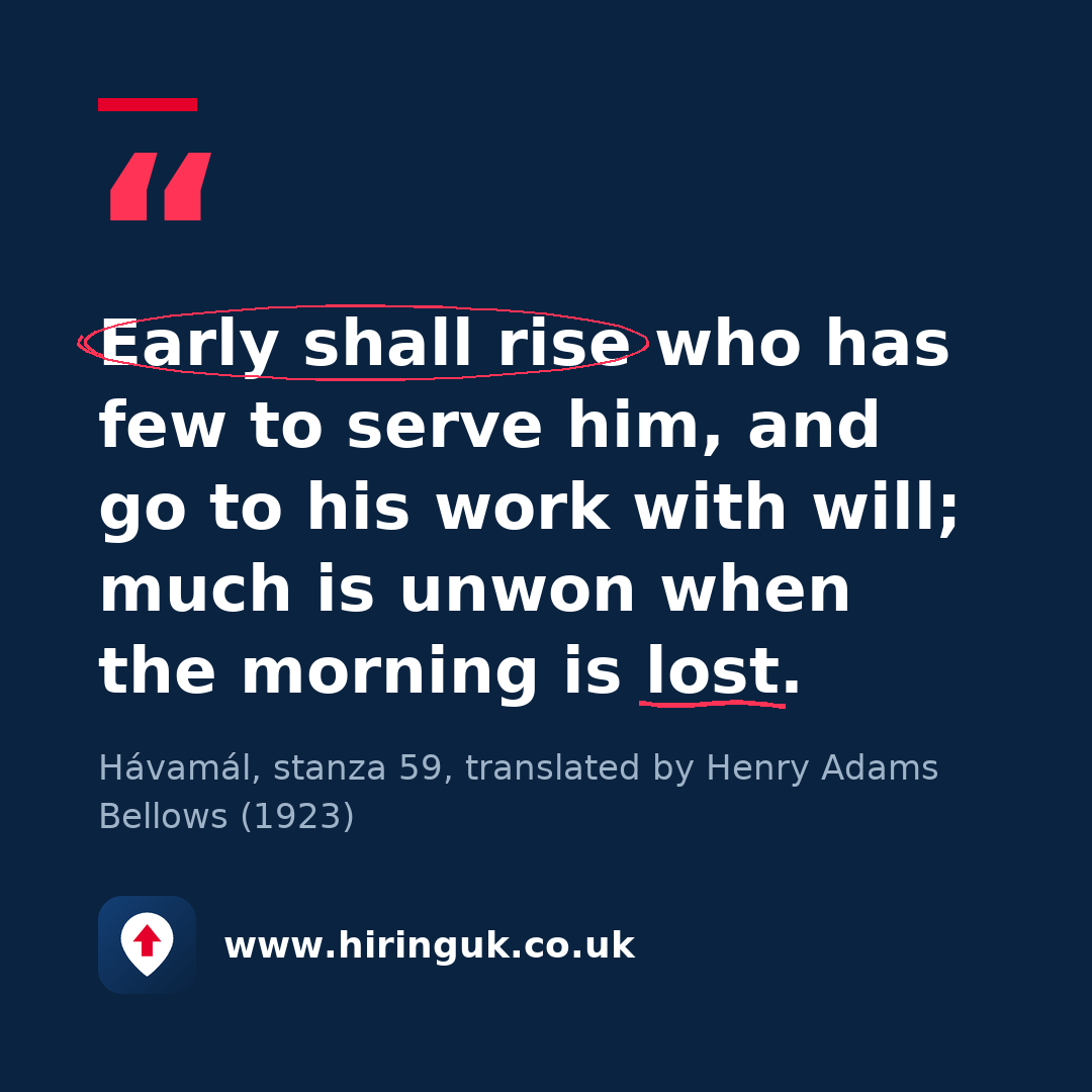 Quote card: Early shall rise who has few to serve him, and go to his work with will; much is unwon when the morning is lost.