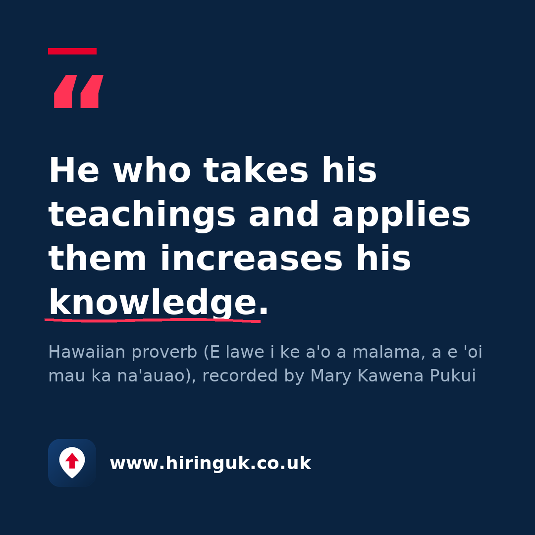 Quote card: He who takes his teachings and applies them increases his knowledge.