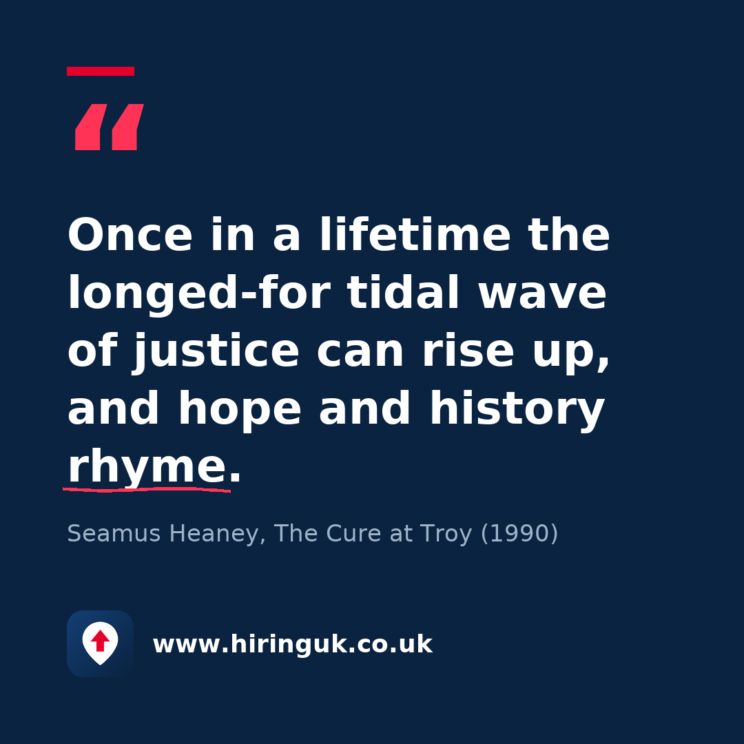 Quote card: Once in a lifetime the longed-for tidal wave of justice can rise up, and hope and history rhyme.