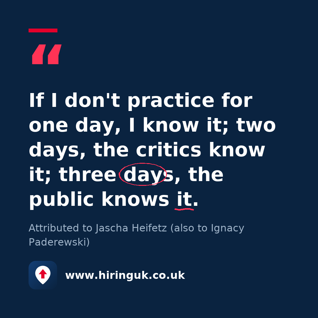 Quote card: If I don't practice for one day, I know it; two days, the critics know it; three days, the public knows it.