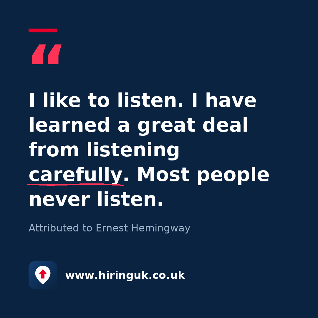 Quote card: I like to listen. I have learned a great deal from listening carefully. Most people never listen.