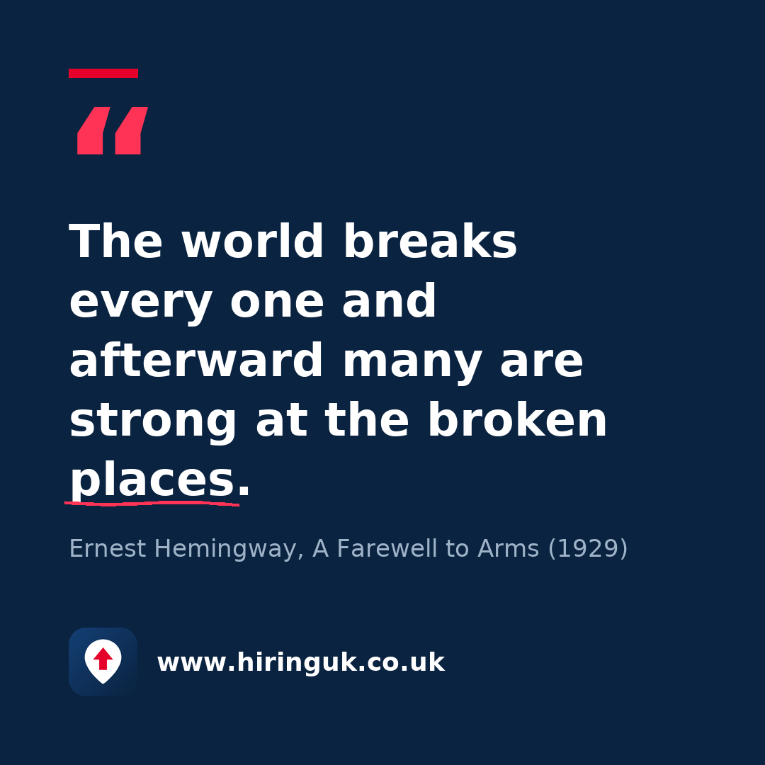Quote card: The world breaks every one and afterward many are strong at the broken places.