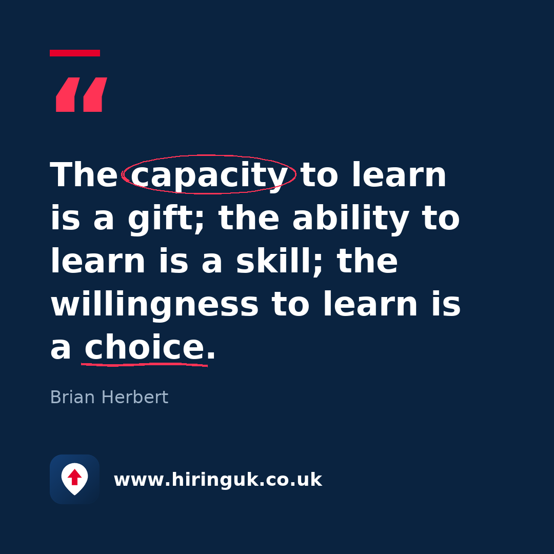 Quote card: The capacity to learn is a gift; the ability to learn is a skill; the willingness to learn is a choice.