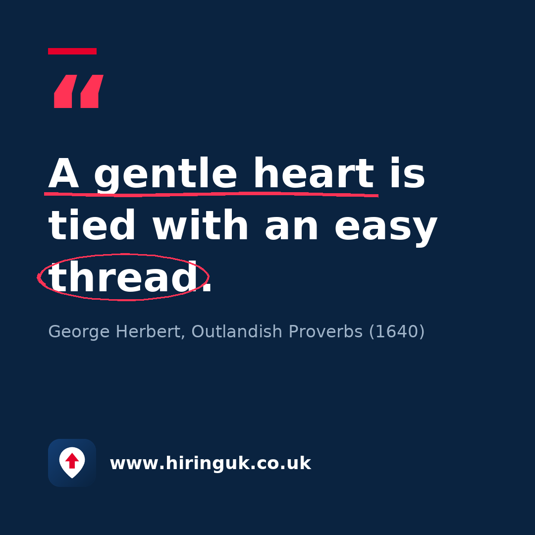 Quote card: A gentle heart is tied with an easy thread.