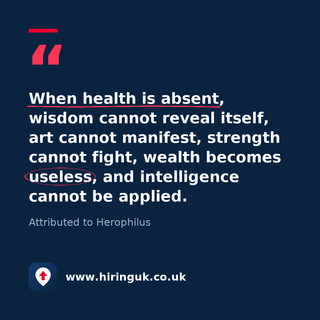 Quote card: When health is absent, wisdom cannot reveal itself, art cannot manifest, strength cannot fight, wealth becomes useless, and intelligence cannot be applied.