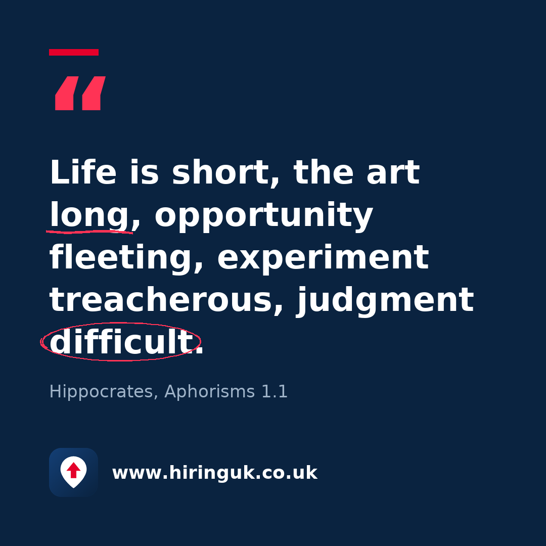 Quote card: Life is short, the art long, opportunity fleeting, experiment treacherous, judgment difficult.