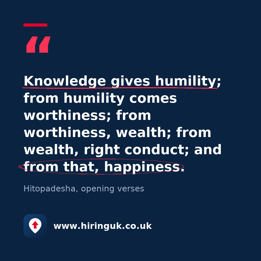 Quote card: Knowledge gives humility; from humility comes worthiness; from worthiness, wealth; from wealth, right conduct; and from that, happiness.