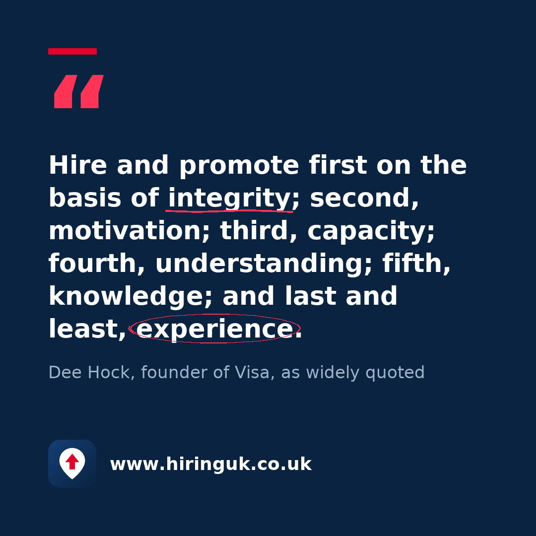 Quote card: Hire and promote first on the basis of integrity; second, motivation; third, capacity; fourth, understanding; fifth, knowledge; and last and least, experience.
