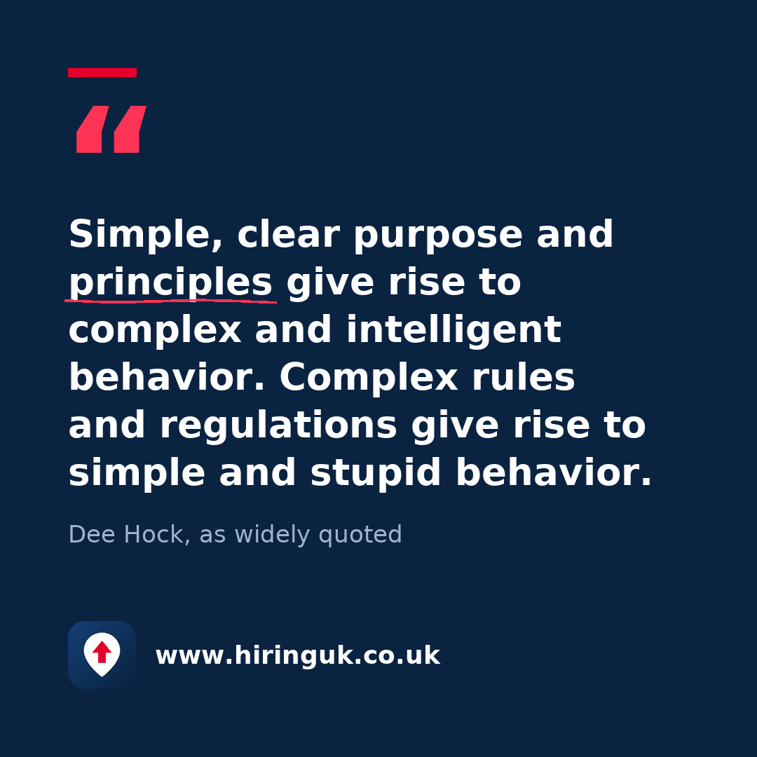 Quote card: Simple, clear purpose and principles give rise to complex and intelligent behavior. Complex rules and regulations give rise to simple and stupid behavior.