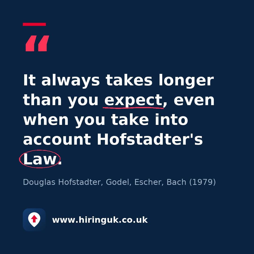 Quote card: It always takes longer than you expect, even when you take into account Hofstadter's Law.