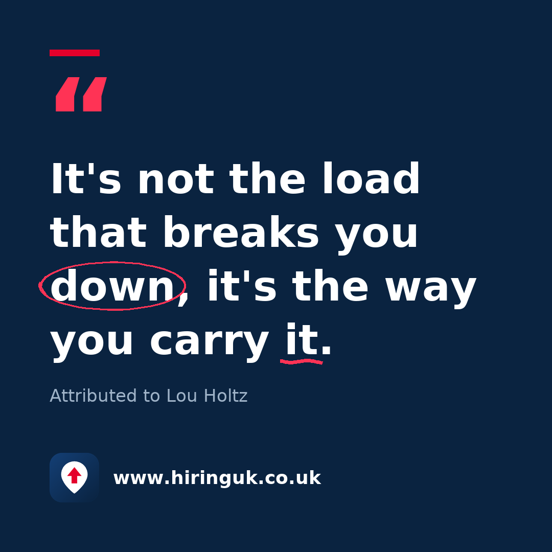 Quote card: It's not the load that breaks you down, it's the way you carry it.