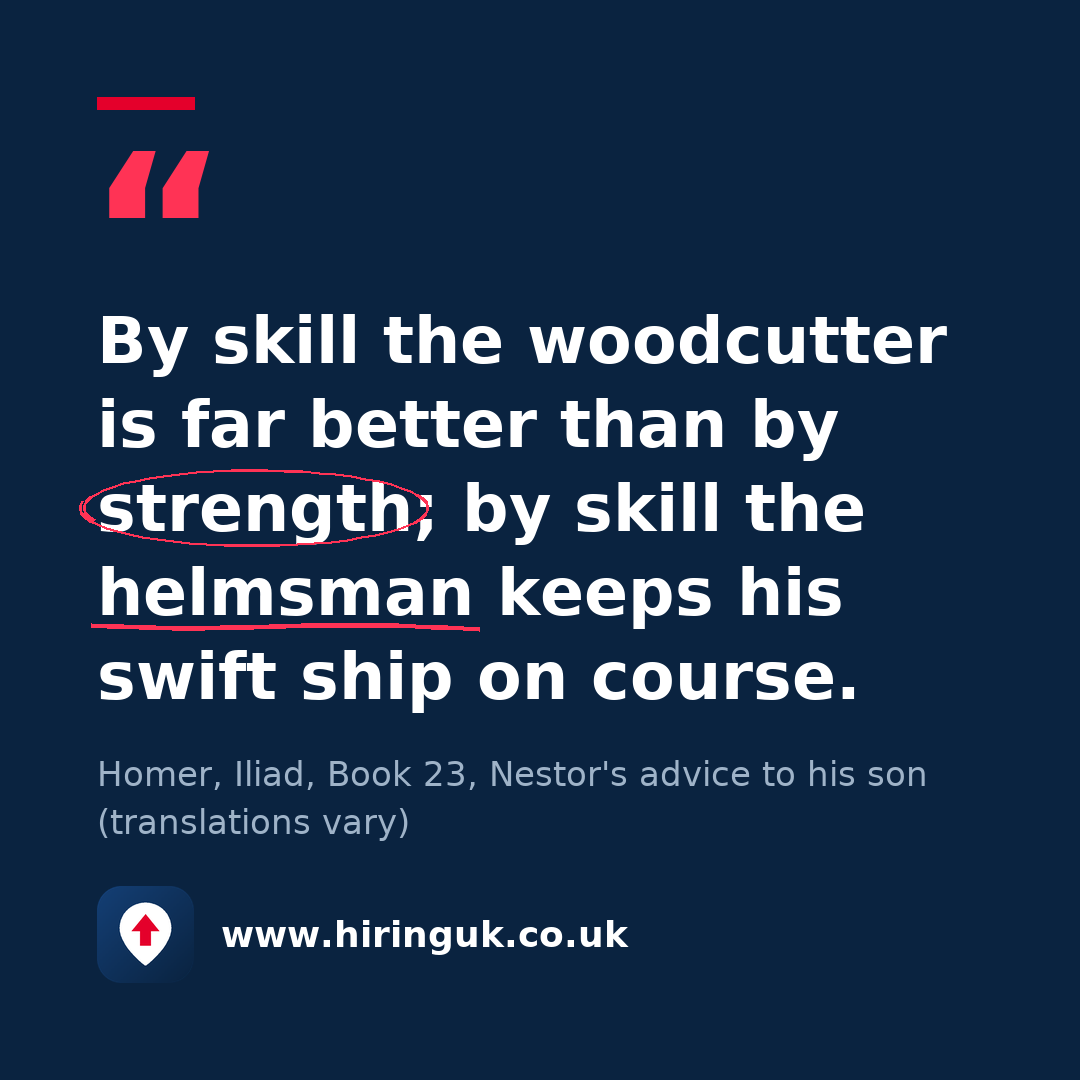 Quote card: By skill the woodcutter is far better than by strength; by skill the helmsman keeps his swift ship on course.