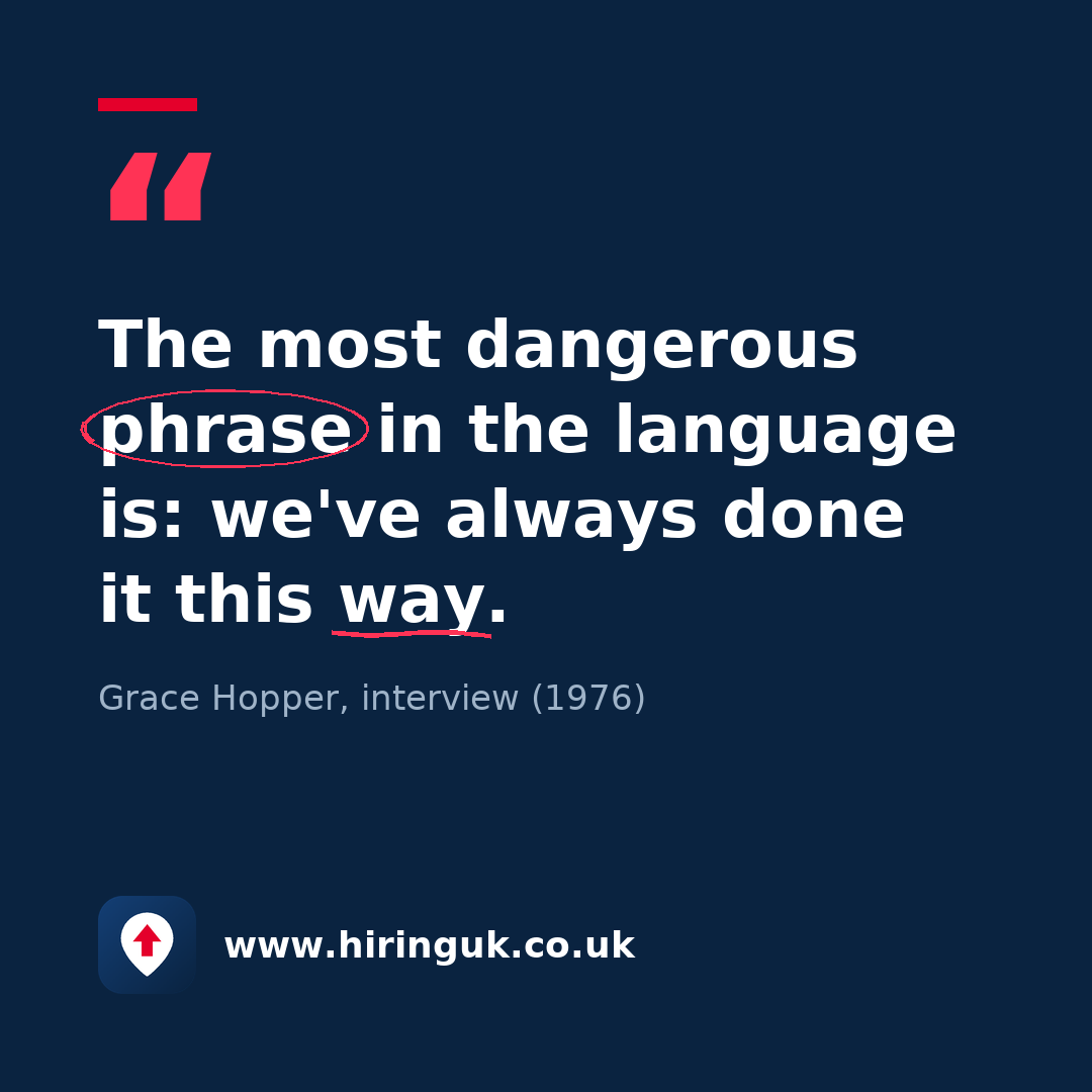 Quote card: The most dangerous phrase in the language is: we've always done it this way.