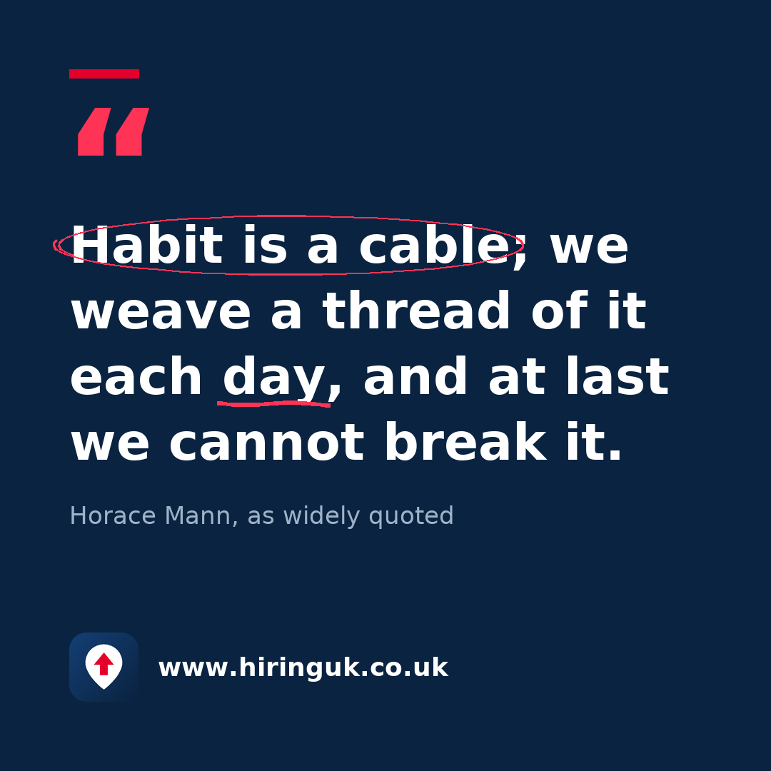 Quote card: Habit is a cable; we weave a thread of it each day, and at last we cannot break it.