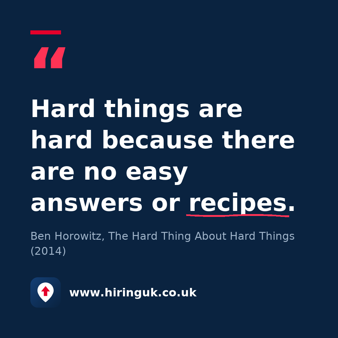 Quote card: Hard things are hard because there are no easy answers or recipes.