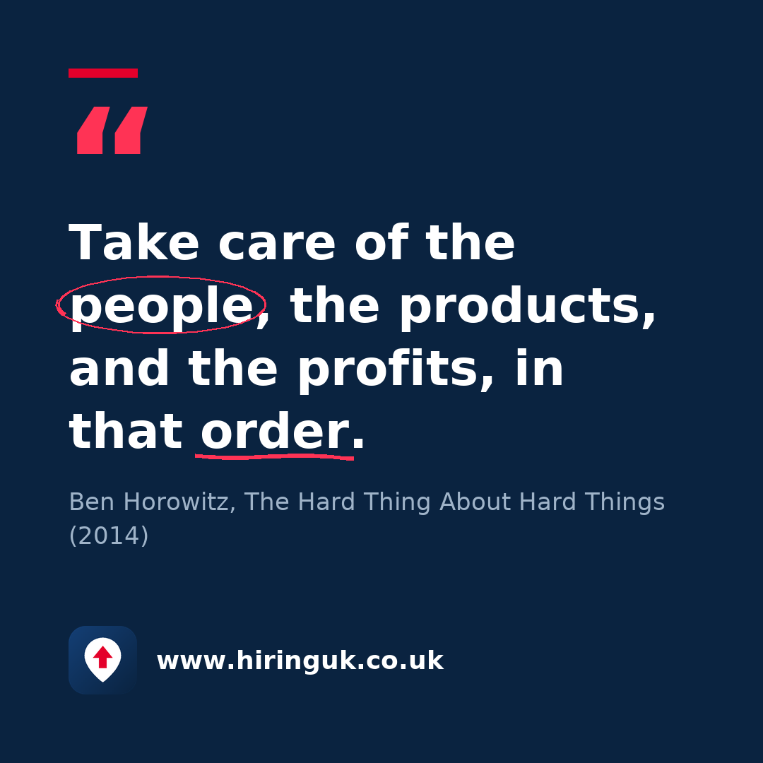 Quote card: Take care of the people, the products, and the profits, in that order.